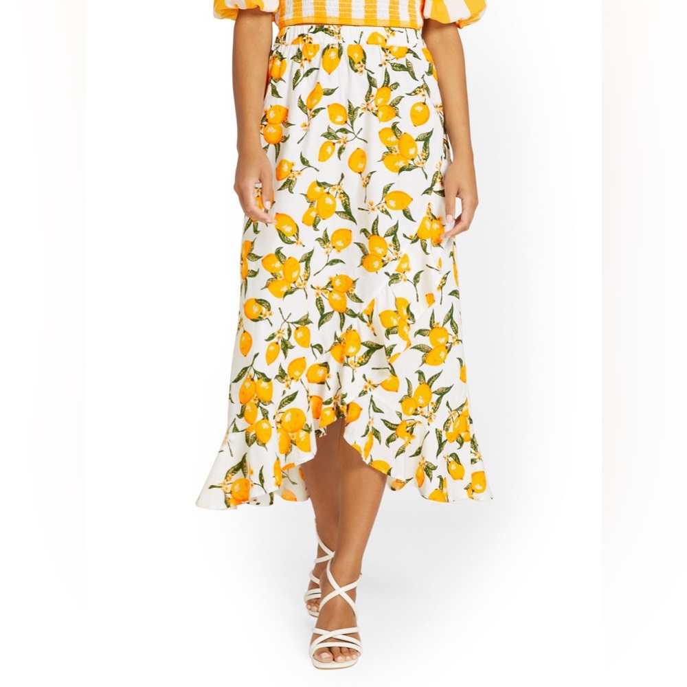 New York & Company size XL Lemon Print Frilled Maxi Skirt